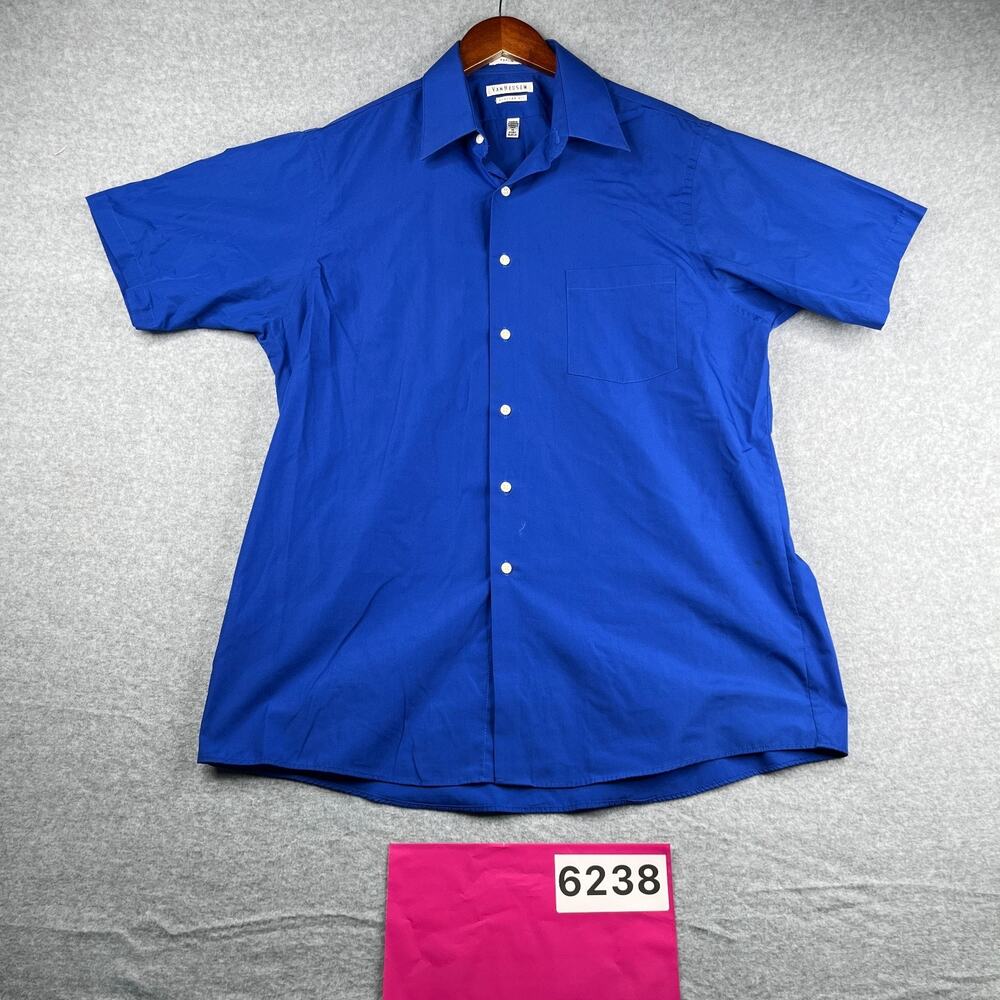 Van Heusen Poplin Shirt Regular Fit Blue Button Up Short Sleeve Mens 16 *SEE